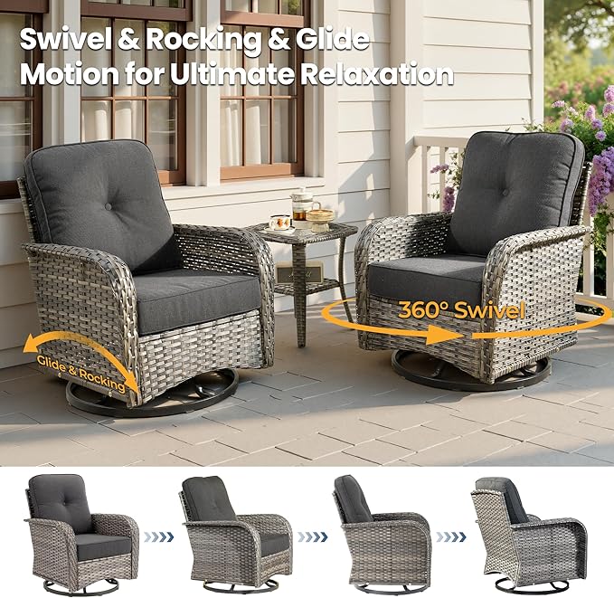 weaxty 5 Pieces Wicker Patio Furniture Set, High Back Swivel Rocker Chairs Outdoor Loveseat Sofa and Rattan Coffee Table, Outdoor Conversation Sets for Porch Deck Backyard Poolside, Black