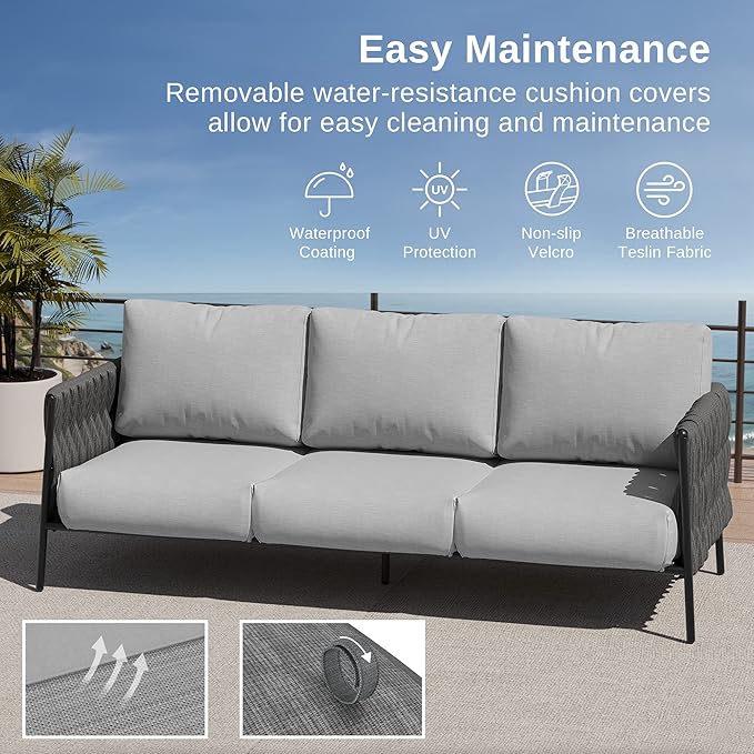 East Oak Patio Furniture Set, 4-Piece Outdoor Patio Set with Sofa, Removable & Washable Deep Seating Cushion, Tempered Glass Table, Outside Patio Conversation Sets, 25 Upgraded, Light Gray & Black