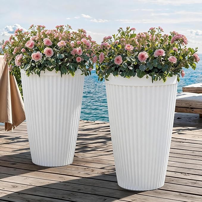 20" Tall Planters Set of 2, High-Density Resin Fluted Outdoor Pots for Plants, Versatile Indoor/Outdoor Flower Pots w/Drainage Holes for Patio, Garden, Porch & Living Room Decor, Ideal Gift