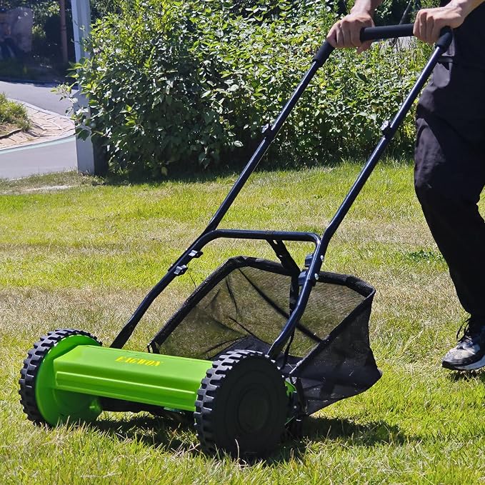 14-Inch 5-Blade Manual Push Reel Lawn Mower Cordless, with Removable Grass Catcher Bag & Adjustable Cutting Height, for Yard & Garden Grass Cutting - Image 7
