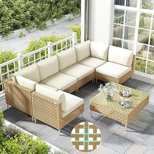 LHBcraft Patio Furniture Set, Large 7 Piece Wicker Outdoor Sectional Furniture Set with Coffee Table, Patio Conversation Sets Sofa, Hand Knitting, All-Weather Cushions for Backyard, Porch, Beige