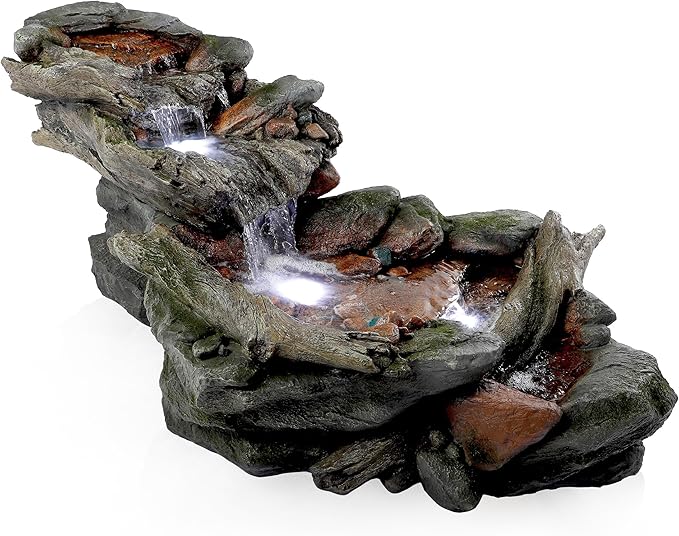 Alpine Corporation | 60"L Outdoor 3-Tier Rainforest Rock River Hand-Painted Water Fountain with LED Lights — Garden, Patio & Yard Décor