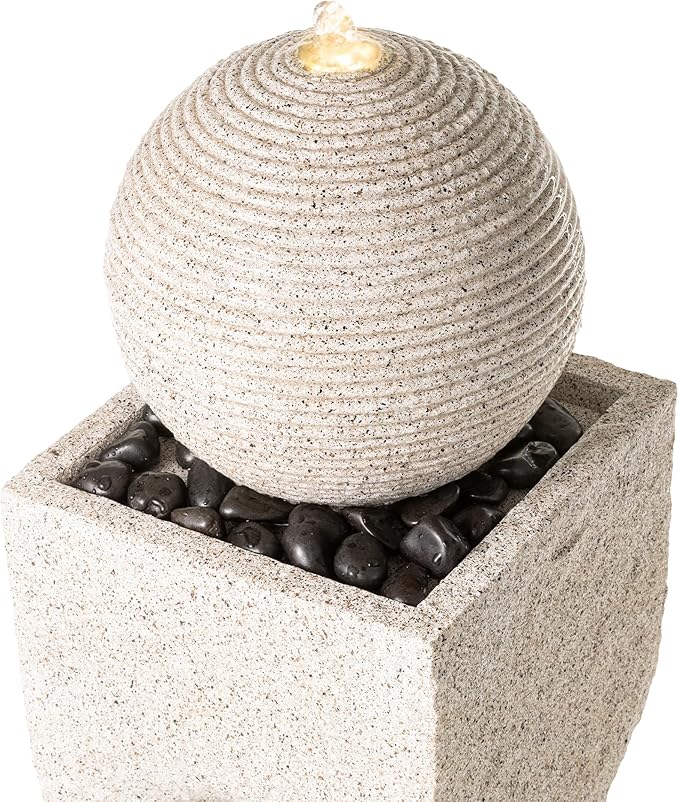 Glitzhome Outdoor Water Fountain with Lights, Outdoor Fountain with Pump, 36.5" H Modern Faux Terrazzo Geometric Pedestal and Sphere Polyresin Garden Fountains for Patio, Balcony, Yard Or Home Decor