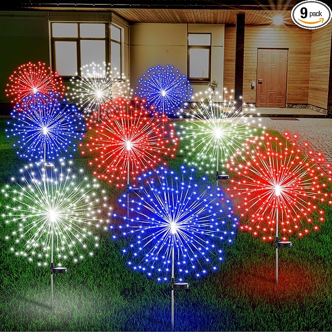 9 Pcs 4th of July Solar Firework Stake Lights 180 LED 8 Modes Solar Waterproof LED Sparkler Lights Outdoor Patriotic Decoration for Memorial Independence Day Garden Patio Yard (Red, Blue, White)