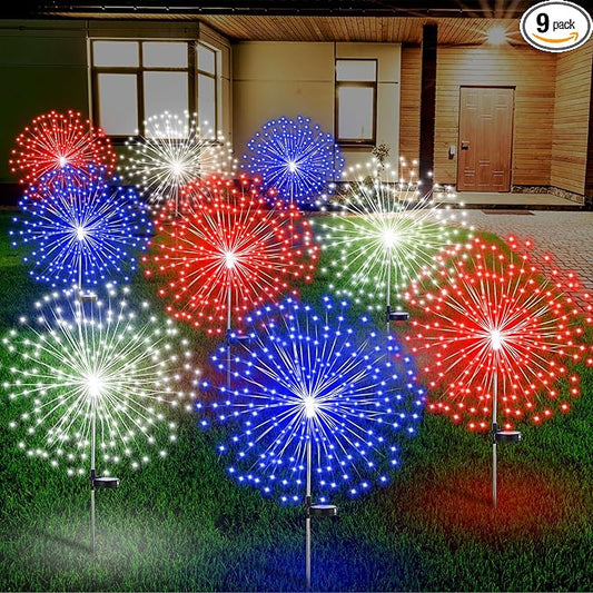 9 Pcs 4th of July Solar Firework Stake Lights 180 LED 8 Modes Solar Waterproof LED Sparkler Lights Outdoor Patriotic Decoration for Memorial Independence Day Garden Patio Yard (Red, Blue, White)