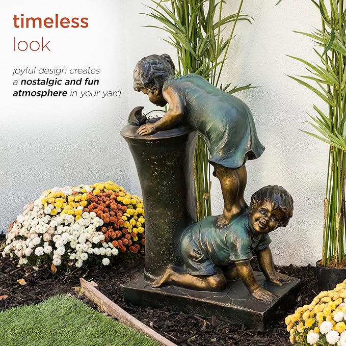 Alpine Corporation GXT472 27" Outdoor Floor Joyful Boy and Girl Drinking Water Fountain, Playful Garden Waterfall with LED Lights – Decorative Water Feature for Patios, Yards, and Gardens, Bronze