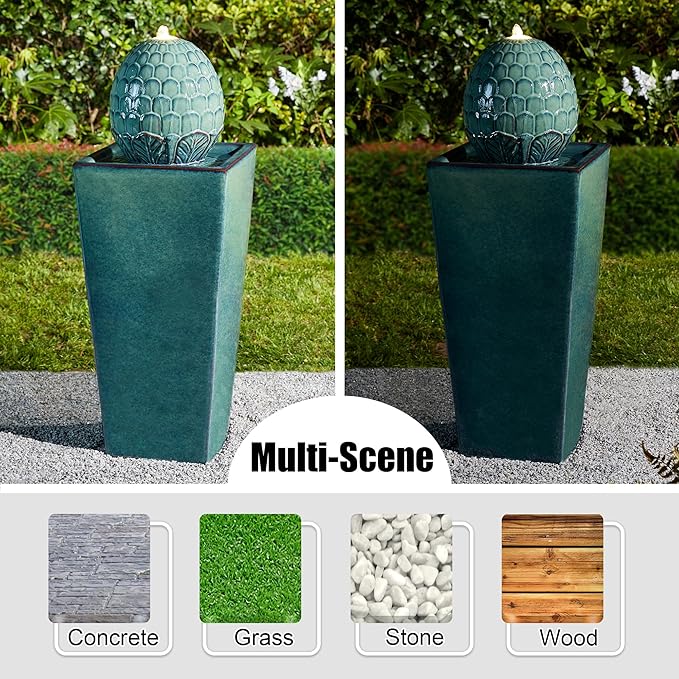 Glitzhome 35.75" H Tall Ceramic Outdoor Water Fountain with LED Light Oversized Artichoke Pedestal Fountains with Submersible Pump Patio Fountain Waterfall for Garden Patio Deck Porch, Turquoise
