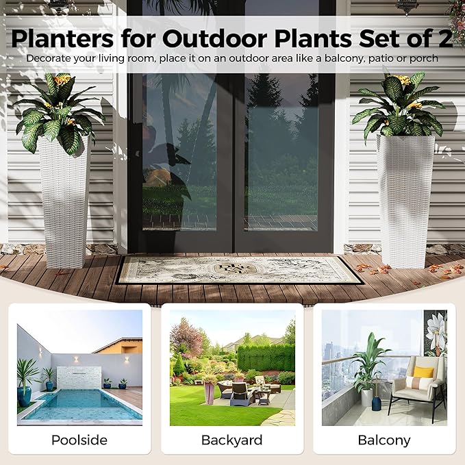 2 Pack Large Planters for Indoor Plants, Outdoor 32 inch Tall Tree Planter with Drainage Holes, Plant Pots for Trees Flowers, All-Weather Use with Removable Insert Bucket for Porch, Patio, White