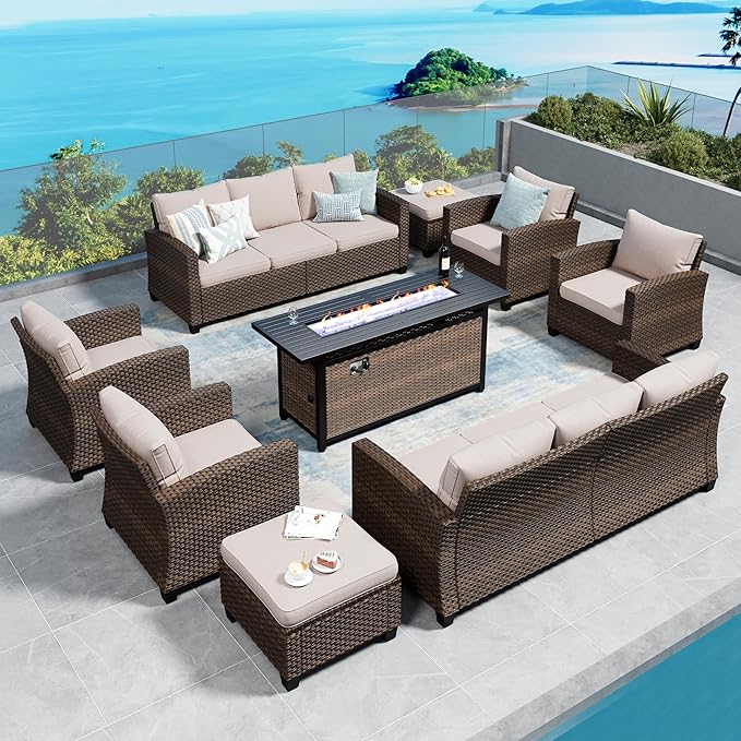 Patio Furniture Set Outdoor Furniture Brown Wicker Rattan Patio Conversation Sets with Cushion Outside Sofa Set,8 Pieces with Rectangular Firepit Table,12 Seats,Beige