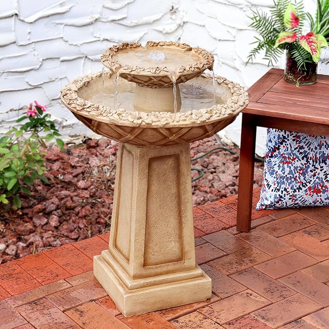 Sunnydaze Beveled Flower 28-Inch 2-Tier Outdoor Water Fountain - Backyard Water Feature & Bird Bath for Patio, Yard or Deck