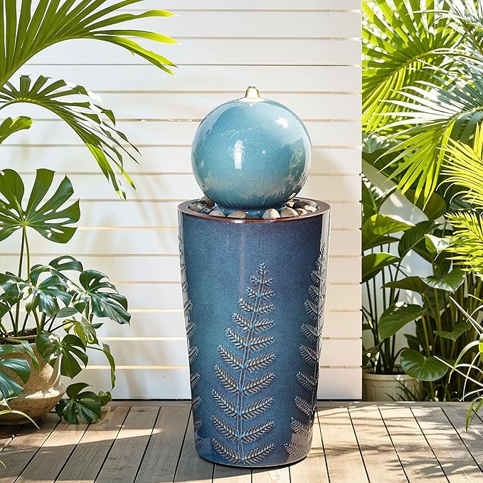 29.5" H Ceramic Sphere Water Fountain with LED Lights, Modern Nature-Inspired Design, Teal Blue Glaze with Leaf Patterns & Pebbles, Soothing Trickling Water Feature for Patio, Yard and Garden