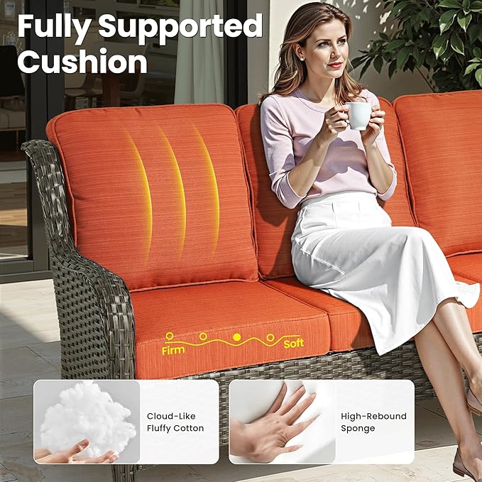 ovios 9-Piece Patio Furniture Set with Swivel Chairs Coffee Table, Outdoor Wicker Sofa with Comfy Cushions, High Back Couch Modern Conversation Sets, Brown/Orange Red