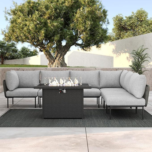 LayinSun 7 Pieces Aluminum Patio Furniture Set, Modern Modular Sectional Sofa with Fire Pit Table and Upgrade Thickness Cushion