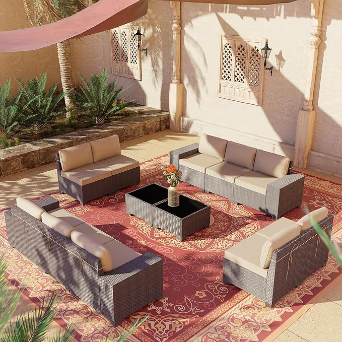 12 PCS Outdoor Patio Furniture Set,Outdoor Sectional Furniture All Weather PE Rattan Wicker Patio Conversation Set with 2 Coffee Tables and 10 Thickened Cushions,Sand