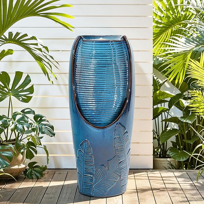 32" H Outdoor Garden Fountain with LED Lights, Modern Ceramic Jar Water Feature, Tropical Leaf Embossed Pattern, Teal Blue Glaze, Soothing Cascading Waterfall for Patio, Yard, Porch