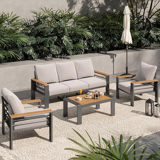 Aoxun Aluminum Outdoor Patio Furniture Set, 5 Seats Outdoor Sectional with Coffee Table, Patio Conversation Sets with Upgraded Armrests and Cushions for Backyard, Garden and Poolside（Grey）