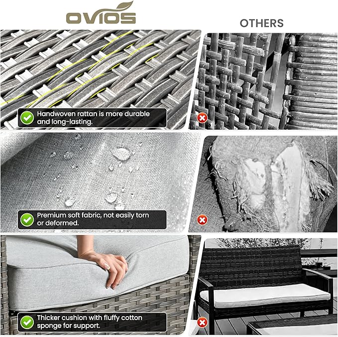 ovios Patio Furniture Set, 6 Pieces Outdoor Wicker Sofa Couch with Loveseat, Ottomans and Comfy Cushions, All Weather High Back Rattan Conversation Set, Grey