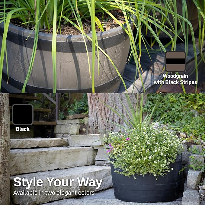 RTS Companies Home Accents 24" Whiskey Barrel Planter, Durable Polyethylene Indoor/Outdoor Flower Pot, Weather-Resistant Plastic Garden Planter, Black, 1-Pack