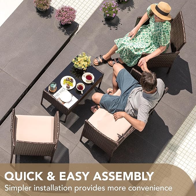 Devoko 4 Pieces Outdoor Patio Furniture Set, PE Rattan Wicker Chairs Balcony Lawn Porch Patio Furniture Sets with Beige Cushion and Table (Brown)