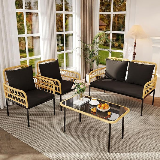 4 Pieces Outdoor Patio Furniture Set with Table - Rattan Balcony Furniture for Porch or Deck, Includes Chaise Lounge, 2 Armchairs with Cushions and Pillows for Porch Backyard Lawn Poolside Deck, Black