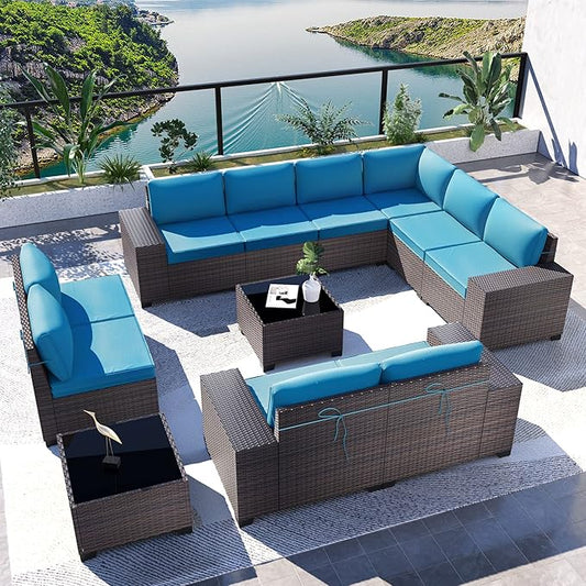 Kullavik Outdoor Patio Furniture Set,12 Pieces Sectional Rattan Sofa Set Brown PE Rattan Wicker Patio Conversation Set with 10 Seat Cushions and 2 Tempered Glass Coffee Table,Turquoise Blue