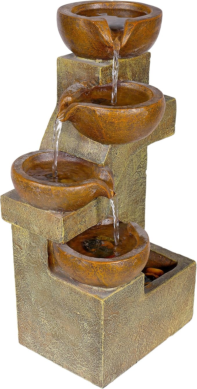 Alpine Corporation WCT726 | 16"H Indoor/Outdoor Tabletop Tiered Pouring Pots Waterfall Fountain — Natural Stone-Look Finish Adds Rustic Charm — Brown
