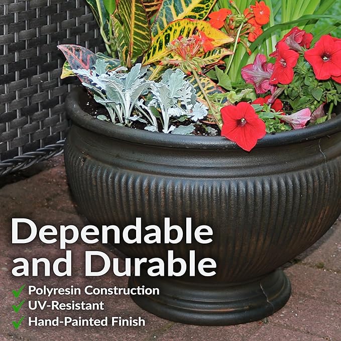 Sunnydaze Elizabeth 16" Double-Walled Polyresin Ribbed Urn Outdoor Planter - UV-Resistant Rust Finish - Set of 4