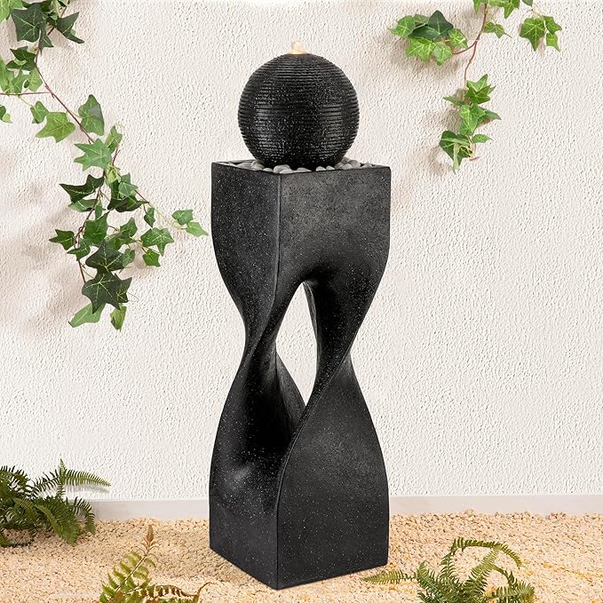 Glitzhome Water Fountain Outdoor, Outdoor Fountain with Lights, 40.5" H Modern Large Geometric Pedestal and Sphere Polyresin Outdoor Water Feature with Pump for Garden, Patio, Backyard, Porch (Black)