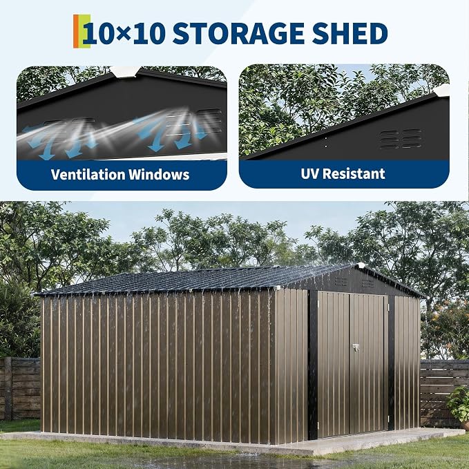 10 X 10 FT Outdoor Storage Shed,Metal Garden Sheds&Outdoor Storage, Lockable Gable Roof Garden Tool Shed, All-Weather Resistant Storage Unit for Bikes, Ladders, Patio Supplies & Garden Essentials - Image 3