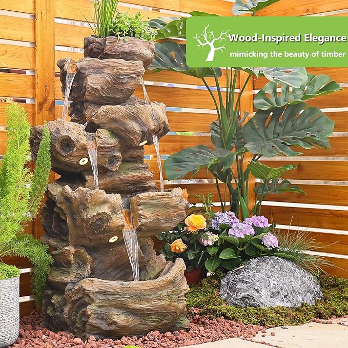 40.5" H Outdoor Water Fountain 5 Tiers Large Cascading Wooden Imitative Wood Natural Waterfall Outdoor Fountain Resin Imitation Wood with LED Lights for Garden, Patio, Porch