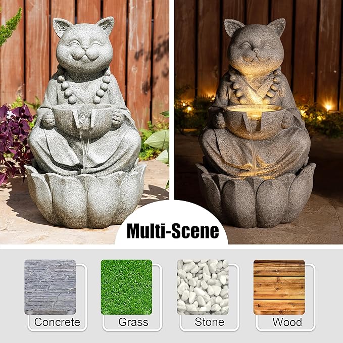 Glitzhome Water Fountain Outdoor, Outdoor Fountain with Lights, Zen-Style Water Fountain with Pump, 22" H 2-Tiered Concrete Cat Statue Polyresin Water Feature for Home Patio Garden Backyard Decor