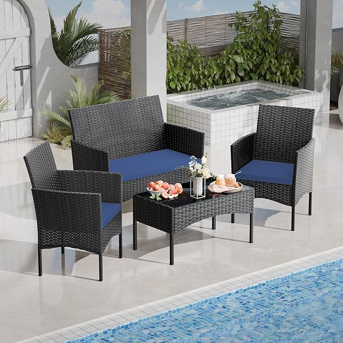 4 Pieces Patio Furniture Set Outdoor Conversation Set Rattan Furniture Set Wicker Chairs and Sofa with Glass Table for Porch Pool Backyard Garden,Navy Blue