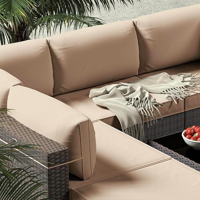 Gotland 8 Pieces Patio Furniture Set with Fire Pit Table, All Weather Rattan Outdoor Furniture with 29.5'' High Backrest 4’’ Thick Cushions Coffee Table, Outdoor Sectional for Porch, Deck, Khaki