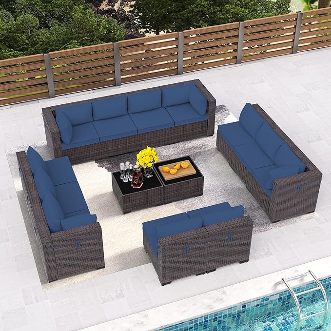14 Pieces Outdoor Patio Furniture Set,Outdoor Sectional Furniture All Weather PE Rattan Wicker Patio Conversation Set with 2 Coffee Tables and 12 Thickened Cushions,Navy Blue