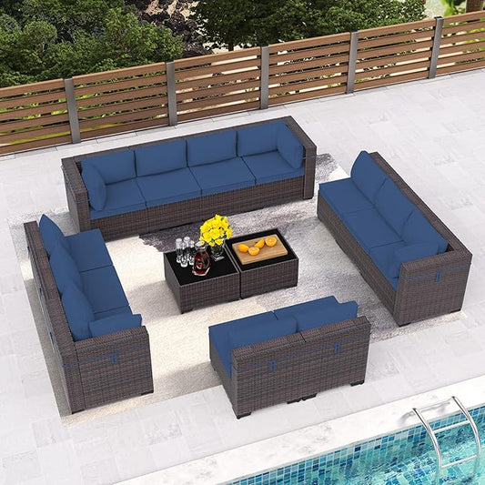 14 Pieces Outdoor Patio Furniture Set,Outdoor Sectional Furniture All Weather PE Rattan Wicker Patio Conversation Set with 2 Coffee Tables and 12 Thickened Cushions,Navy Blue