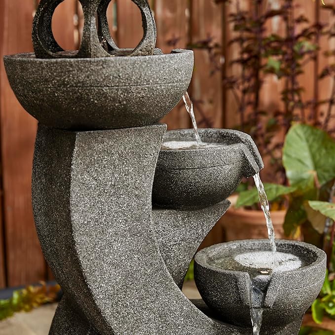 Glitzhome Pagoda Outdoor Water Fountain with LED Light, 4-Tier Oversized Cascading Stacked Stone Waterfall Fountains, Natural Stone Look Outdoor Fountain for Garden Patio Porch, 32”H