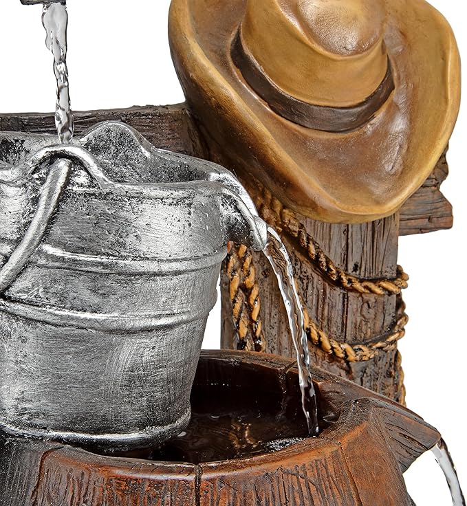 Alpine Corporation Outdoor Vintage Pump and Barrel with Cowboy Hat Fountain Yard Art Decor, 26" Tall, Brown