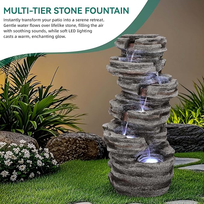 40"H Stacked Stone Water Fountain Outdoor with LED Lights, 6-Tier Extra-Lage Cascading Rock Waterfall for Outdoor Patio Garden Backyard, Weather-Resistant Resin Water Feature for Serene Oasis