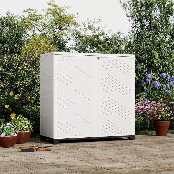 ZZM Indoor/Outdoor Storage Cabinet Waterproof, 34"x15"x34" Plastic Outdoor Storage Box for Garden Balcony Bathroom, All Weather Outdoor Storage Clearance, DIY Usage, with 2 Shelf (White) - Image 3