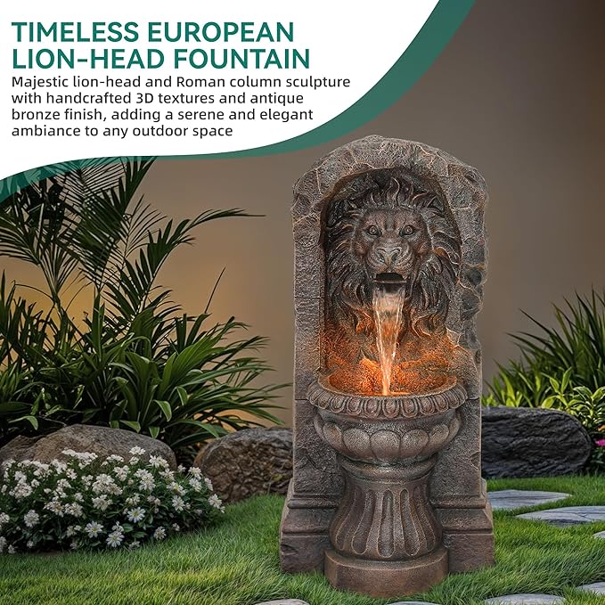 30" Majestic Lion Head Outdoor Water Fountain, Rustic Stone Pedestal Cascading Water Feature with Warm LED Lights, Tranquil Oasis for Outside Garden Patio Yard Decor
