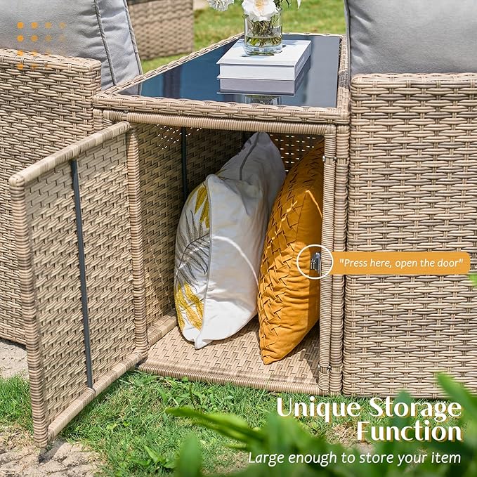PaPaJet 11-Piece Patio Furniture Set with Large Storage Wedge Table, Half-Moon Wicker Sectional Sofa with Cushions, Waterproof Rattan Outdoor Conversation Set for Beach, Pool, Garden & Balcony, Beige