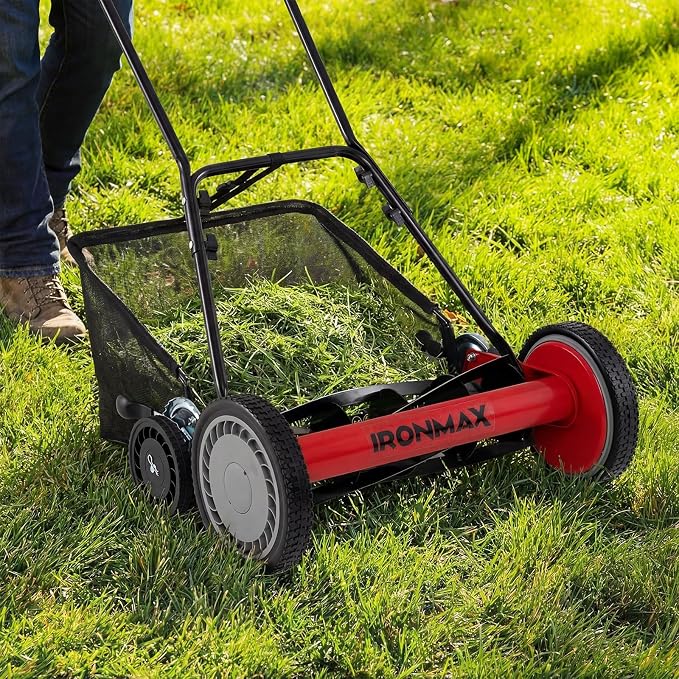 IRONMAX 18 Inch 5-Blade Push Reel Lawn Mower, 9-Level Adjustable Cutting Heights, Removable Grass Catcher, Lightweight No Motor Walk-Behind Manual Grass Cutter for Garden Yard Park (Red, 18 Inch) - Image 2