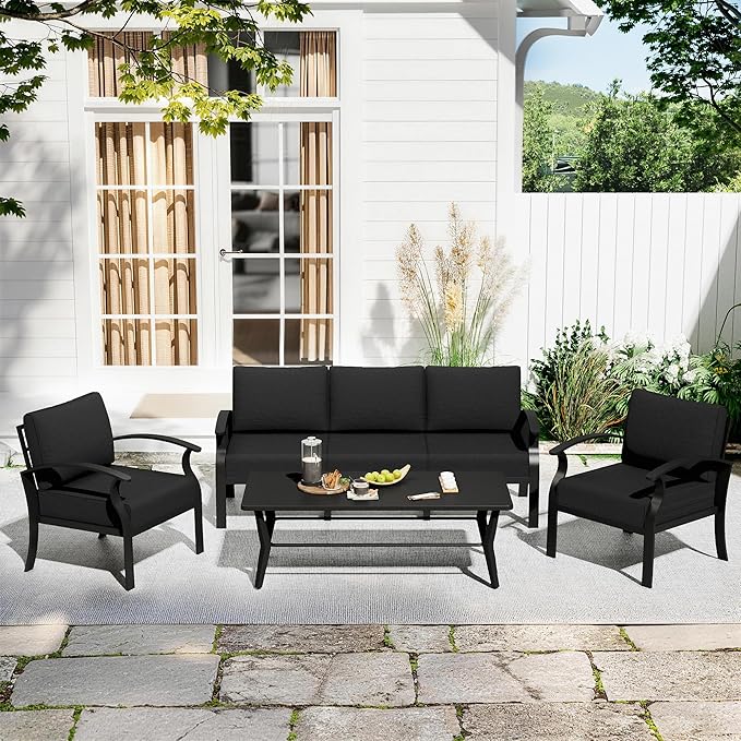 Aluminum Patio Furniture Set with Rectangular Coffee Table, 5 Seats Outdoor Patio Conversation Sets w/5.1" Cushions,Patio Conversation Sets for Garden, Backyard, Porch-Black