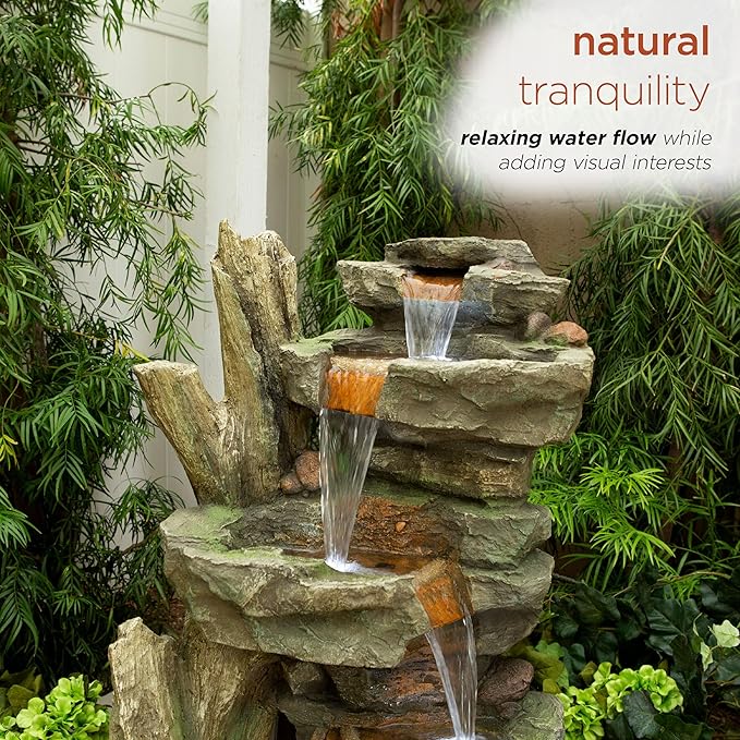 Alpine Corporation TZL292 Outdoor Floor Cascading Stone Tower Fountain, Garden Fountain with Natural Stone Look 40", Gray