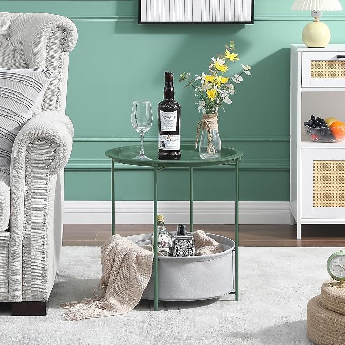 VECELO Round Side/End Table with Fabric Storage Basket，Metal Anti-Rust and Waterproof Small Bedside Nightstand with Removable Tray Top for Living Room，Balcony & Laundry，Dark Green /1pcs with Basket - Image 2
