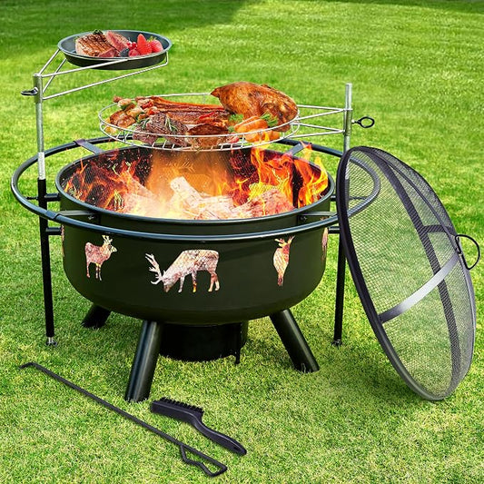 NATURAL EXPRESSIONS 32 Inch Outdoor Fire Pit, Wood Burning Fire Pits with 2 Grills, Poker, Brushes, Ash Pan, Mesh Cover, Waterproof Cover, Charcoal Fire Pit for BBQ, Patio, Bonfire, Heat&Cook by NaturalExpressions