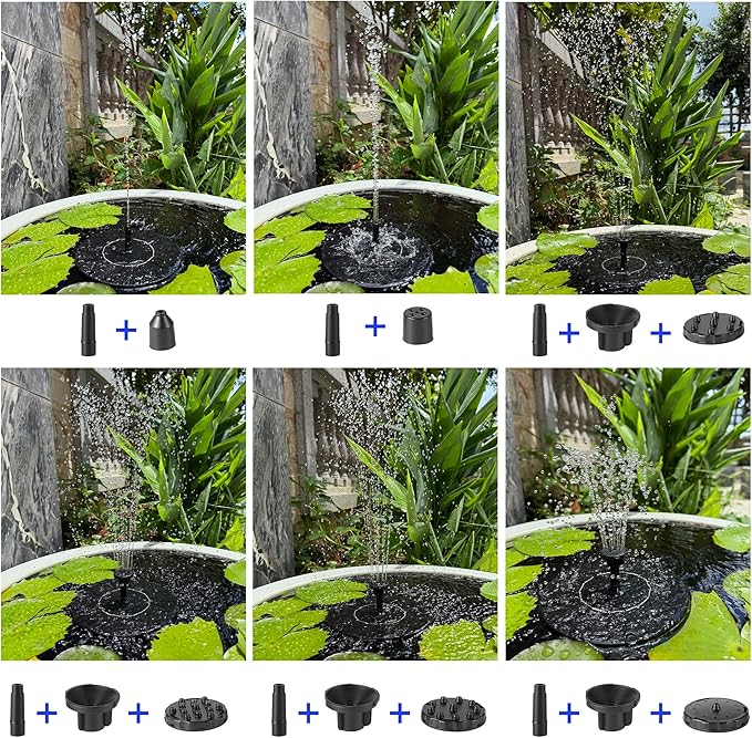 Solar Bird Bath Fountain,1.4W Solar Fountain Pump with 6 Nozzles, Free Standing Floating Solar Powered Water Fountains Pump for Bird Bath, Garden, Pond, Outdoor Decoration