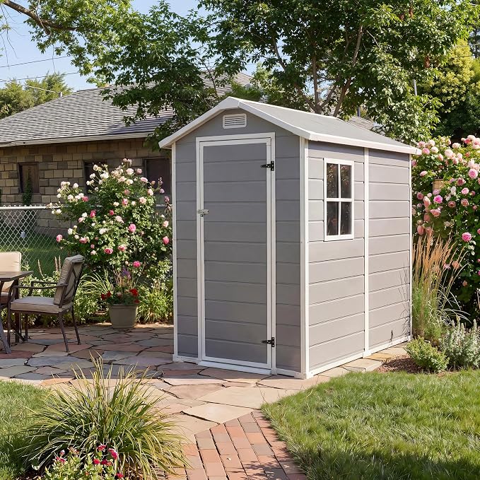 Resin Outdoor Storage Sheds 4x6 ft, Upgraded Double-Wall Outdoor Plastic Shed with Window & Double Doors, Waterproof Lockable Garden Shed (Light Gray, 4 X 6 ft) by Unknown