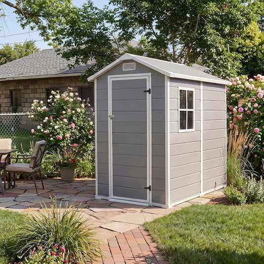 Resin Outdoor Storage Sheds 4x6 ft, Upgraded Double-Wall Outdoor Plastic Shed with Window & Double Doors, Waterproof Lockable Garden Shed (Light Gray, 4 X 6 ft) by Unknown