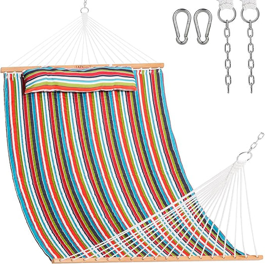 Lazy Daze Hammocks 12 FT Quilted Fabric Double Hammock with Spreader Bars and Detachable Pillow, 450lbs Weight Capacity, Bright Stripe by LazyDazeHammocks